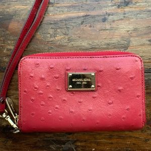Michael Kors Ostrich Leather Red Zip Wallet/Wristlet